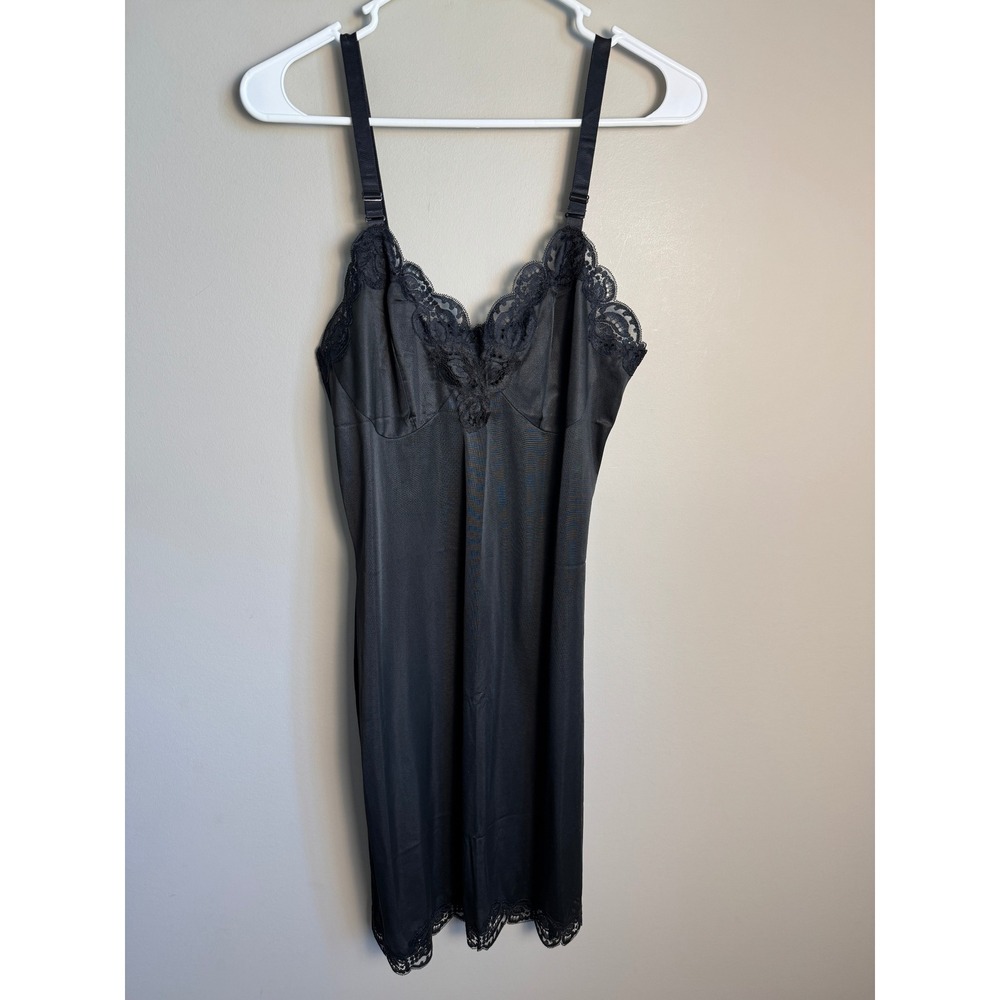 French Maid Womens Black Lace Trim Full Slip Dress Vintage 35 Lingerie Classic